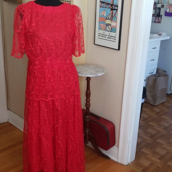 VTG Handmade 60s/70s Boho Red Chiffon Dress - Picture 2 of 8